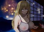  alternate_costume areolae atago_(kantai_collection) bad_id bad_pixiv_id banned_artist blonde_hair blush breasts covered_nipples fan fireworks grey_eyes highres holding holding_fan inu_no_utage kantai_collection large_breasts long_hair looking_at_viewer mountain night night_sky open_mouth puffy_nipples see-through silhouette sky sliding_doors smile solo 