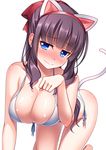  alternate_costume animal_ears bare_arms bare_shoulders blue_eyes blush breasts cat_ears cat_tail cleavage embarrassed eyebrows eyebrows_visible_through_hair fake_animal_ears fake_tail large_breasts long_hair mole mole_on_breast new_game! pochadon simple_background solo tail takimoto_hifumi white_background 