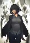  artstation_sample black_hair breasts commentary cowboy_shot floating_rock fubuki_(one-punch_man) geolim green_eyes head_tilt image_sample jacket_on_shoulders large_breasts lips one-punch_man pants popped_collar shirt short_hair solo thigh_gap 