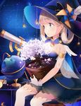  bad_id bad_pixiv_id blonde_hair blue_eyes cape constellation globe gloves hat highres hitsukuya mushroom original plant potted_plant short_hair sitting solo star telescope thighhighs tree witch_hat 