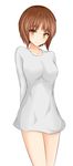  absurdres arms_behind_back bottomless brown_eyes brown_hair collarbone eyebrows eyebrows_visible_through_hair girls_und_panzer highres looking_at_viewer nishizumi_miho shirt short_hair simple_background smile solo white_background white_shirt zaijian_shi 