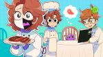  1other 2boys alternate_costume androgynous brown_hair chef_hat commentary condifiction english_commentary food glasses hat headphones holding holding_plate indie_virtual_youtuber mask menu minecraft_youtube mouth_mask multiple_boys official_art particles_(ranboo) plate plate_up! ranboo ranboo_(r800) short_hair sleepy_cheeky slime_(substance) slimecicle steak stick sweatdrop virtual_youtuber wide-eyed 