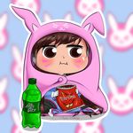  animal_hood anora_makani blush chibi commentary cosplay d.va_(gremlin) d.va_(overwatch) doritos eating full_body highres himouto!_umaru-chan hood komaru komaru_(cosplay) long_hair mountain_dew overwatch parody signature solo style_parody whisker_markings 