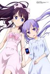  :d absurdres blue_eyes bow casual digital_media_player earphones hair_bow highres holding_hands kikuchi_ai long_hair lying megami multiple_girls new_game! non-web_source official_art on_back open_mouth ponytail purple_eyes purple_hair shared_earphones simple_background smile suzukaze_aoba takimoto_hifumi twintails white_background 