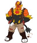 2016 abs anthro beard belt biceps big_eyebrows big_muscles blonde_hair boar body_hair boots chest_hair claws clothed clothing emboar facial_hair footwear fur hair kingdomheartskeeper kingdomxathers male mammal mohawk multicolored_fur multicolored_skin musclegut muscular muscular_male nintendo open_vest pants pecs pig pok&eacute;mon pok&eacute;morph porcine red_eyes red_hair roid_gut smile solo standing toe_claws toes torn_clothing torn_pants vest video_games 