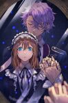  1boy 1girl alternate_costume anzu_(ensemble_stars!) behind_another bishounen black_jacket black_ribbon blue_eyes blurry brown_hair closed_eyes closed_mouth curtained_hair dark-skinned_male dark_skin depth_of_field doll_joints enmaided ensemble_stars! gem hand_up head_tilt height_difference hetero highres holding_hands jacket jewelry joints looking_at_mirror looking_at_reflection maid maid_headdress medium_hair mirror nail_polish neck_ribbon ornate_ring otogari_adonis parted_lips purple_gemstone purple_hair reflection_focus ribbon ring shirt short_hair side_part sleepwildbear u_u upper_body white_shirt 