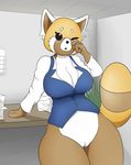  aggressive_retsuko anthro blush breasts cleavage clothed clothing female looking_at_viewer mammal office one_eye_closed paper pussy quin-nsfw red_panda retsuko solo 