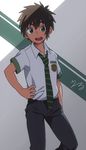  bad_id bad_twitter_id brown_eyes brown_hair green_neckwear hand_on_hip keitomato kimi_no_na_wa male_focus necktie school_uniform shade short_sleeves signature smile solo striped striped_neckwear tachibana_taki 