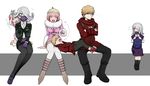  2boys 4girls andou_ruruka backpack bag beanie blonde_hair blue_eyes boots child coat crossed_arms danganronpa danganronpa_3 dress dual_persona feeding flipped_hair flying_sweatdrops food fur-trimmed_jacket fur_trim gloves hair_over_one_eye hat izayoi_sounosuke jacket kimura_seiko lap_pillow leather leather_jacket looking_at_another lying macaron multiple_boys multiple_girls on_back pantyhose pink_hair purple_eyes purple_gloves red_eyes shimada_(dmisx) shoes short_hair silver_hair simple_background sitting skirt sneakers surgical_mask time_paradox white_background 