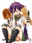  ;d blush dog ebisuzawa_kurumi fang fingerless_gloves gakkou_gurashi! gloves knee_pads licking long_hair mar0maru one_eye_closed open_mouth purple_eyes purple_hair school_uniform shovel skirt smile solo taroumaru_(gakkou_gurashi) twintails 