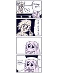  4koma :3 :d bkub_(style) bodysuit child comic d.va_(gremlin) d.va_(overwatch) derivative_work english engrish eyebrows eyebrows_visible_through_hair facepaint facial_mark from_side glasses hard_translated headgear headphones highres index_finger_raised long_hair multiple_girls open_mouth overwatch parody pilot_suit pointing poptepipic popuko profile ranguage short_hair shoulder_pads smile speech_bubble talking text_focus upper_body whisker_markings younger 