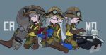  3girls aqua_eyes bloblobber_(splatoon) blue_background boots brown_footwear brown_gloves camouflage commentary duct_tape earrings elbow_gloves glooga_dualies_(splatoon) gloves green_eyes grey_hair headset high-visibility_vest imaikuy0 inkling inkling_girl inkling_player_character jewelry jumpsuit long_hair mining_helmet multiple_earrings multiple_girls nautilus_(splatoon) pointy_ears red_eyes rubber_boots rubber_gloves salmon_run_(splatoon) short_hair splatoon_(series) stuffed_animal stuffed_cat stuffed_toy symbol-only_commentary tentacle_hair 