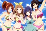  :d :o absurdres arm_up bikini black_hair blue_eyes blue_hair bow breasts brown_hair cleavage cloud day green_eyes groin hair_bow hibike!_euphonium highres iwasaki_nami kasaki_nozomi medium_breasts megami multiple_girls nakagawa_natsuki navel o-ring o-ring_bottom o-ring_top official_art open_mouth ponytail purple_eyes red_eyes sky smile swimsuit yoroizuka_mizore yoshikawa_yuuko 