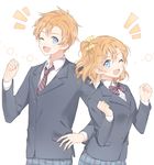  1boy 1girl ;d bad_id bad_pixiv_id blue_eyes dual_persona genderswap genderswap_(ftm) hair_ribbon hand_on_hip kousaka_honoka looking_at_viewer love_live! love_live!_school_idol_project marin_(myuy_3) necktie one_eye_closed one_side_up open_mouth orange_hair otonokizaka_school_uniform pants plaid plaid_pants plaid_skirt pleated_skirt ribbon school_uniform skirt smile striped striped_neckwear 