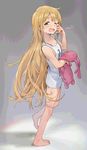  bare_legs bare_shoulders barefoot blonde_hair blush brown_eyes clothes_writing collarbone commentary_request flat_chest futaba_anzu hair_down idolmaster idolmaster_cinderella_girls long_hair looking_at_viewer messy_hair mossi one_eye_closed open_mouth rubbing_eyes shirt sleepy sleeveless solo standing stuffed_animal stuffed_bunny stuffed_toy t-shirt tank_top tears waking_up 