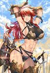  abs armor armored_boots armpits arms_behind_head arms_up axe battle_axe bikini_armor blue_eyes boots breasts gauntlets highres large_breasts long_hair looking_at_viewer o-ring o-ring_bottom original overhead_swing ran'ou_(tamago_no_kimi) red_hair sharp_teeth sideboob solo sword teeth thigh_boots thighhighs toned weapon 