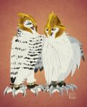 absurd_res armor avian barran_(gogh) battle_claws bird boron_(gogh) duo feathers female feral guardians_of_ga&#039;hoole headgear helmet hi_res horned_owl kabuki-aku male orange_background owl simple_background snowy_owl true_owl white_body white_feathers yellow_eyes