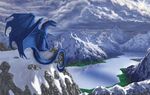  aaros_(artist) amazing_background blue_hair detailed_background dragon feral hair horn lake male membranous_wings mountain outside scales sitting sky snow solo valley water wings 