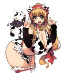  \m/ animal_costume animal_print apron bad_anatomy bell bell_collar bent_over bikini blonde_hair blue_eyes breasts cleavage collar cow cow_bell cow_costume cow_horns cow_print cow_tail curvy detached_sleeves deviruchi fake_horns hair_ribbon hairband horns large_breasts long_hair low-tied_long_hair midriff ragnarok_online red_ribbon ribbon solo swimsuit tail tail_raised thighhighs waist_apron white_legwear whitesmith xration 