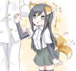  1girl admiral_(kantai_collection) animal_ears arm_warmers asashio_(kantai_collection) black_hair black_legwear blue_eyes blush clothes_grab dog_ears dog_tail gigurudo_(gigld) hand_on_another's_head kantai_collection kemonomimi_mode long_hair petting shirt short_sleeves skirt suspenders tail tail_wagging thighhighs translated white_shirt 
