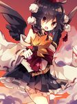  bird_wings black_hair black_wings blush brown_eyes cloud detached_sleeves hat hauchiwa highres holding looking_at_viewer miniskirt nikorashi-ka open_mouth pom_pom_(clothes) shameimaru_aya shirt skirt solo sunset tokin_hat touhou white_shirt wings 