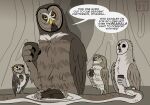 absurd_res athene_(genus) avian barn_owl bird brown_body brown_feathers burrowing_owl claws dialogue digger_(gogh) elf_owl english_text feathers female feral food great_grey_owl group guardians_of_ga&#039;hoole gylfie hi_res kabuki-aku male mrs._plithiver owl reptile scalie snake soren_(gogh) strix_(genus) surprise text toe_claws true_owl twilight_(gogh) tyto tytonid white_body white_feathers yellow_eyes