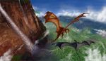  aaros_(artist) amazing_background ambiguous_gender black_scales day detailed_background dragon duo feral flying membranous_wings nude red_scales scales sky spread_wings wings 