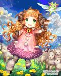  bell blue_sky brown_hair child clenched_hands cloud day dress fantasy flower green_eyes horns jingle_bell kite long_hair looking_at_viewer monster_girl official_art original outdoors pink_dress rioka_(southern_blue_sky) sheep sheep_girl sheep_horns sky solo standing tenkuu_no_crystalia 