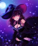  black_dress blue_eyes blush breasts broom brown_hair cleavage cowboy_shot dress elbow_gloves full_moon gloves hat heart heart-shaped_pupils highres holding idolmaster idolmaster_cinderella_girls long_hair looking_at_viewer medium_breasts moon open_mouth sakuma_mayu shan solo sparkle symbol-shaped_pupils thighhighs witch_hat zettai_ryouiki 