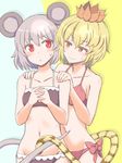  animal_ears bikini blonde_hair blush breasts collarbone commentary_request grey_hair groin hands_clasped hands_on_another's_shoulders intertwined_tails jack_(wkm74959) medium_breasts mouse_ears multiple_girls navel nazrin own_hands_together red_eyes short_hair small_breasts smile swimsuit tail tareme tiger_tail toramaru_shou touhou two-tone_background yuri 