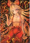  2016 acrylic_paint_(medium) colored_pencil_(medium) dated fire flame floating_hair fujiwara_no_mokou hair_ribbon head_tilt index_finger_raised light_particles long_hair looking_at_viewer mosho red_eyes ribbon scan scan_artifacts signature smile solo suspenders touhou traditional_media watercolor_(medium) white_hair 