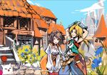  1boy 1girl absurdres aqua_ribbon aqua_vest arm_behind_head atelier_saya belt blonde_hair blue_eyes blue_pants bodysuit breasts brown_belt brown_eyes brown_hair building collared_shirt creature cropped_vest crystal final_fantasy final_fantasy_ix garnet_til_alexandros_xvii gloves grey_choker grey_gloves grin highres jewelry juliet_sleeves leaning_forward long_sleeves low_ponytail medium_breasts monkey moogle multiple_belts orange_bodysuit pants parted_bangs pendant puffy_long_sleeves puffy_sleeves red_gloves ribbon shirt sleeveless sleeveless_shirt smile swept_bangs teeth thigh_strap town upper_body v_arms vest white_shirt wrist_cuffs zidane_tribal 