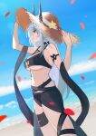  1girl arknights bare_shoulders beach bikini black_bikini black_horns black_sarong blue_sky breasts cleavage cowboy_shot dummyeq falling_petals from_side hat highres holding holding_hat holding_unworn_clothes horns horns_through_headwear infection_monitor_(arknights) large_breasts material_growth mudrock_(arknights) mudrock_(silent_night)_(arknights) navel ocean oripathy_lesion_(arknights) outdoors petals red_eyes sand sarong see-through see-through_sarong sky solo stomach straw_hat swimsuit underboob white_hair 