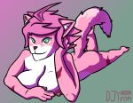 ahoge animal_humanoid anime_style anthro big_breasts breasts butt canid canid_humanoid canine canine_humanoid djtron female floppy_breasts fox fox_humanoid hair holding_head humanoid lying mammal mammal_humanoid nipples on_front raised_leg solo solo_focus tail