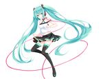  black_footwear black_legwear blue_eyes blue_hair boots full_body hatsune_miku headphones highres long_hair looking_at_viewer skirt smile solo thigh_boots thighhighs ttnap twintails vocaloid white_background 