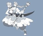  1boy 1girl aerith_gainsborough aerith_gainsborough_(garnet&#039;s_gown) arm_around_waist baggy_pants bare_shoulders blue_background boots braid braided_ponytail breasts choker cloud_strife cloud_strife_(zidane&#039;s_outfit) cosplay crystal dated dress earrings final_fantasy final_fantasy_ix final_fantasy_vii final_fantasy_vii_ever_crisis frilled_dress frills full_body garnet_til_alexandros_xvii garnet_til_alexandros_xvii_(cosplay) green_eyes hair_tie high-low_skirt highres holding holding_staff holding_sword holding_weapon jewelry juliet_sleeves kashiyae limited_palette long_hair long_sleeves medium_breasts official_alternate_costume pants parted_bangs parted_lips pendant puffy_long_sleeves puffy_sleeves short_hair sidelocks signature single_braid single_earring smile socks spiked_hair staff sword underbust weapon zidane_tribal zidane_tribal_(cosplay) 