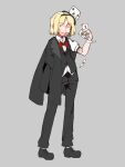  1other ace_(playing_card) ace_of_clubs ace_of_diamonds ace_of_hearts androgynous bare_arms belt belt_buckle black_belt black_coat black_footwear black_hairband black_pants black_vest blonde_hair bolos bow bowtie buckle card club_(shape) coat coat_pouch collared_coat collared_shirt commentary diamond_(shape) dice_hair_ornament dress_pants dress_shirt dress_shoes faceless floating_card full_body gold_ring grey_background hair_ornament hairband hand_in_pocket heart holding holding_card jewelry lapels len'en multiple_rings notched_lapels other_focus pants playing_card puffy_short_sleeves puffy_sleeves red_bow red_bowtie ring shirt short_hair short_sleeves simple_background socks solo standing tachi-e traditional_bowtie v-neck vest white_shirt white_socks white_wrist_cuffs wrist_cuffs xeno_a 