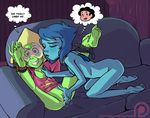  barefoot blue_hair blue_skin cartoon_network clothed clothing duo eyes_closed female female/female flat_chested green_hair green_skin hair humanoid lapis_lazuli_(steven_universe) legwear masturbation mister_d not_furry partially_clothed peridot_(steven_universe) pussy pussy_juice restrained shirt smile soles steven_universe thought_bubble 
