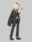  1other ace_(playing_card) ace_of_clubs ace_of_diamonds ace_of_hearts androgynous bare_arms belt belt_buckle black_belt black_coat black_footwear black_hairband black_pants black_vest blonde_hair bolos bow bowtie buckle card closed_mouth club_(shape) coat coat_pouch collared_coat collared_shirt commentary diamond_(shape) dice_hair_ornament dot_nose dress_pants dress_shirt dress_shoes empty_eyes floating_card frown full_body gold_ring grey_background hair_ornament hairband hand_in_pocket heart holding holding_card jewelry lapels len'en looking_ahead multiple_rings notched_lapels other_focus pants playing_card puffy_short_sleeves puffy_sleeves red_bow red_bowtie ring shirt short_hair short_sleeves simple_background socks solo standing tachi-e traditional_bowtie v-neck vest white_shirt white_socks white_wrist_cuffs wrist_cuffs xeno_a yellow_eyes 