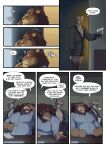  7_panel_comic absurd_res aldrich_haynes_(thepurp) anthro clothed clothing comic dialogue digital_media_(artwork) duo english_text eyewear felid fur glasses hi_res hudson_(thepurp) lion male mammal muscular muscular_anthro muscular_male onomatopoeia pantherine procyonid raccoon robe robe_only sound_effects speech_bubble text thepurp 
