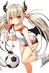  adjusting_clothes adjusting_legwear artist_request ball candy demon_horns demon_tail food hair_bobbles hair_ornament highres horns light_brown_hair lollipop long_hair looking_at_viewer official_art pointy_ears red_eyes renee_(soccer_spirits) smile soccer_ball soccer_spirits socks solo standing standing_on_one_leg tail transparent_background twintails white_legwear wings 