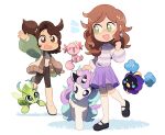  2girls alternate_color animal black_footwear boots brown_eyes brown_hair cardigan celebi commentary cosmog english_commentary full_body galarian_ponyta green_eyes leg_up multiple_girls open_cardigan open_clothes open_mouth original pokemon pokemon_(creature) pony_(animal) ponytail purple_skirt shiny_pokemon shirt shoes skirt sleepy_cheeky socks standing striped_clothes striped_shirt unicorn white_background white_footwear white_socks wooper 