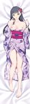  aida_takanobu animal_print ass_visible_through_thighs asymmetrical_bangs bangs bare_legs bare_shoulders barefoot black_hair breasts butterfly_print collarbone dakimakura floral_print flower full_body green_eyes hair_flower hair_ornament highres japanese_clothes kimono long_hair looking_at_viewer lying medium_breasts naked_kimono nipples obi off_shoulder on_back original sash solo yukata 