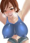 armpits arms_up blush breasts brown_eyes brown_hair cleavage collarbone covered_nipples denim denim_shorts from_below hanging_breasts heavy_breathing highres impossible_clothes kazama_asuka kumikouj large_breasts navel open_mouth puffy_nipples short_hair shorts smile solo sports_bra sweat tekken unbuttoned unzipped upper_body white_background 