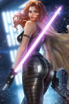  1girl artist_name ass ayya_sap belt black_gloves black_pants black_shirt blurry blurry_background breasts brown_belt cape depth_of_field dual_wielding energy_sword english_text gloves goggles goggles_on_head green_eyes gun handgun holding holding_gun holding_lightsaber holding_weapon large_breasts lightsaber long_hair looking_at_viewer looking_back mara_jade orange_hair pants patreon_username purple_lightsaber reverse_grip shirt sleeveless sleeveless_shirt solo star_wars sword watermark weapon web_address white_cape 