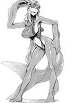  breasts covered_nipples gills goggles greyscale highres large_breasts long_hair midriff monochrome monster_girl nakamura_regura open_mouth original pointy_ears shark_fin shark_girl sharp_teeth sideboob solo swimsuit tail teeth 