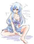  bare_shoulders blue_hair boxers breasts bustier cleavage collarbone commentary directional_arrow dragon_quest jpeg_artifacts kamishirasawa_keine large_breasts red_eyes sleepy solo touhou translated underwear unya waking_up 