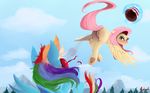  2016 angry blood blush bucket cloud cutie_mark duo equine fangs feathered_wings feathers female feral fluttershy_(mlp) flying friendship_is_magic fur hair looking_back magic mammal miokomata mountain multicolored_hair multicolored_tail my_little_pony outside pegasus pink_hair pink_tail rainbow_dash_(mlp) rainbow_hair rainbow_tail raised_tail spread_wings surprise teal_eyes tree water wings yellow_fur 