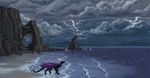  aaros_(artist) ambiguous_gender beach cliff detailed_background dragon feral horn membranous_wings natural_arch outside overcast seaside shore sky solo standing water wave wings 