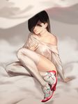  artstation_sample bed_sheet black_hair commentary crossed_ankles geolim hair_over_one_eye image_sample long_hair nose off_shoulder original pink_eyes scar shoes sitting sneakers solo stitches thighhighs thighs white white_legwear 